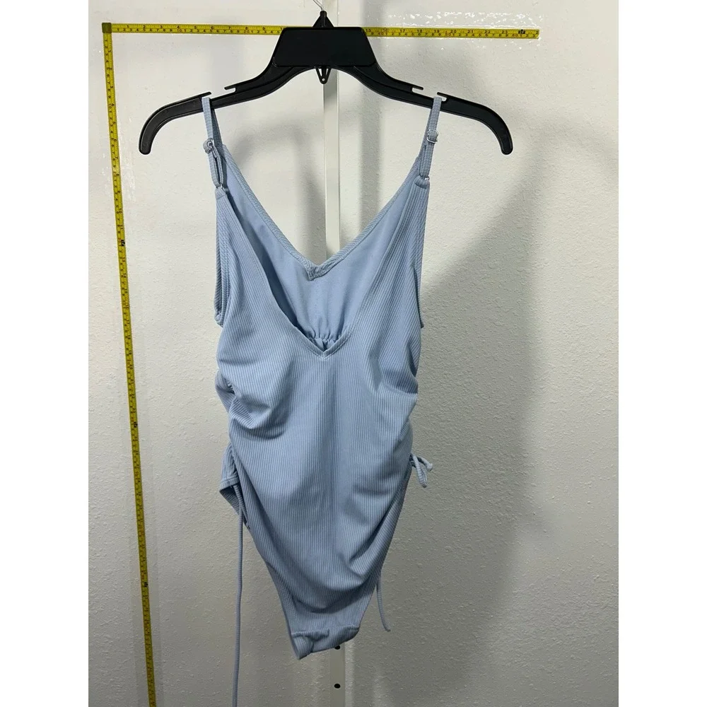 Time and Tru Womens Blue Ribbed Ruched One Piece‎ Swimsuit Size M 8-10 V-Neck